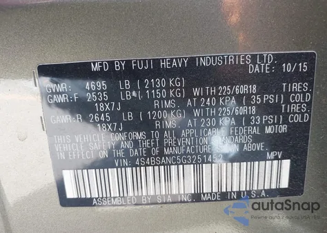 2016 Subaru Outback 2.5I Limited from USA, damaged, VIN 4S4BSANC5G3251452